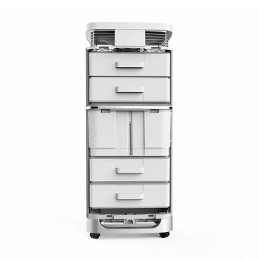 Oczyszczacz powietrza Air Essence™ Cyclone z nawilżaczem został przedstawiony od przodu, aby pokazać jego wnętrze, wysoka biała konstrukcja na małych kółkach na gładkim białym tle.