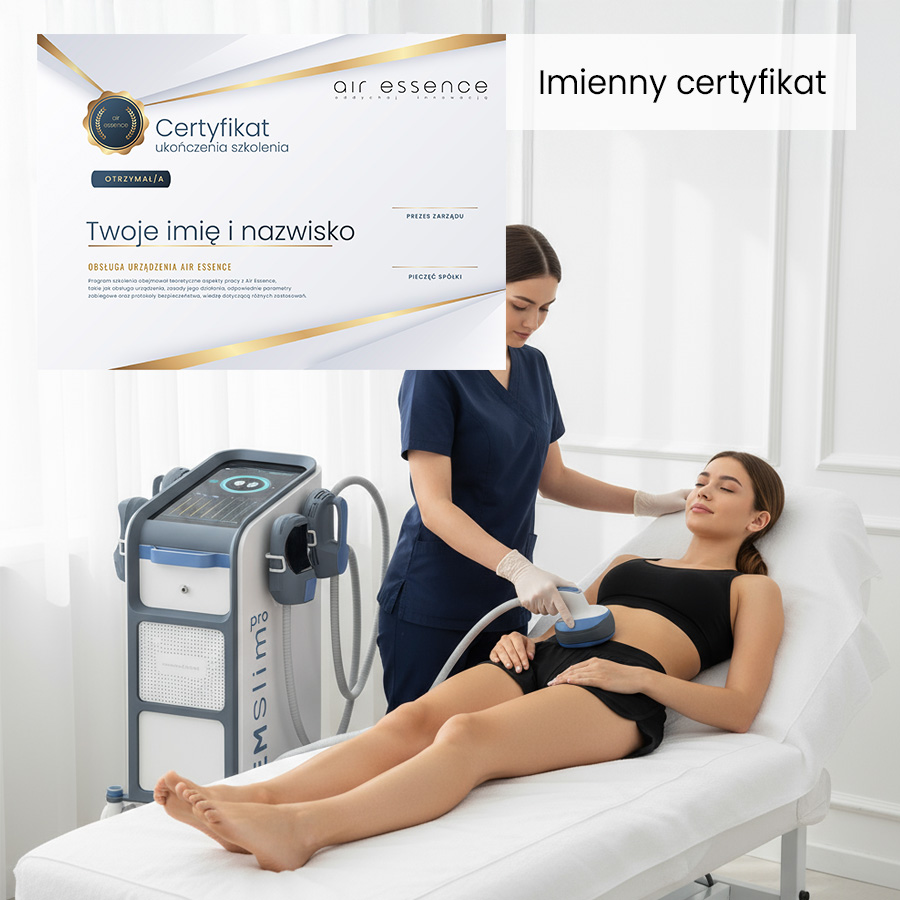 Zabieg EMSlim PRO ze stymulacją mięśni HIEMT w gabinecie modelowania sylwetki; widoczny imienny certyfikat ukończenia szkolenia z obsługi urządzenia.