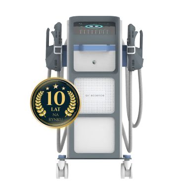 Air Essence™ EMSlim PRO stymulator mięśni HIEMT z falami radiowymi RF do body sculpting widok z przodu z aplikatorami bocznymi oraz odznaką 10 lat na rynku podkreślającą doświadczenie marki.