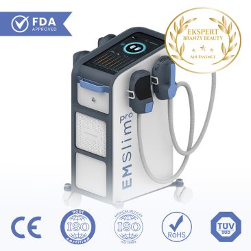Air Essence™ EMSlim PRO stymulator mięśni HIEMT z falami radiowymi RF, rzeźbienie ciała to biało-szare urządzenie medyczne na kółkach, pokazane z logo FDA, CE, ISO, ROHS, TUV SÜD i złotą odznaką Ekspert Branzy Beauty Air Essence.
