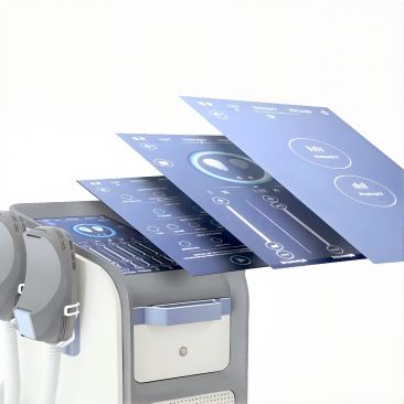 Air Essence™ EMSlim PRO stymulator mięśni HIEMT z falami radiowymi RF do body sculpting z wizualizacją nowoczesnego interfejsu użytkownika oraz wielowarstwowego systemu ustawień parametrów zabiegowych na ekranie dotykowym.