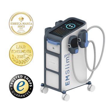 Stymulator mięśni Air Essence™ EMSlim PRO HIEMT z funkcją rzeźbienia ciała za pomocą fal radiowych, pokazany w kolorze biało-niebieskim z ekranem i aplikatorami na kółkach, pojawia się obok logo nagród 2025 i 2026 oraz gwarancji Trusted Shops.