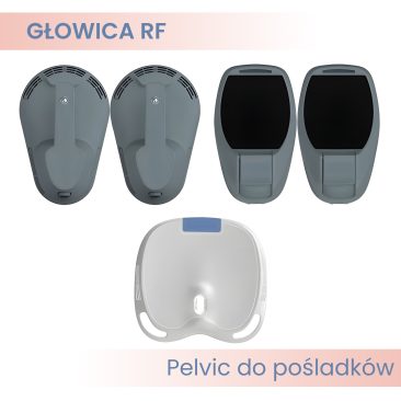 Na białej powierzchni przedstawiono pięć szarych aplikatorów do modelowania sylwetki Air Essence™ EMSlim PRO HIEMT RF: cztery urządzenia ręczne powyżej i większy aplikator w kształcie łopatki poniżej, każdy z etykietami w języku polskim i angielskim.