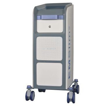 Air Essence™ EMSlim PRO stymulator mięśni HIEMT przód obudowy urządzenia z panelem frontowym i mobilną podstawą na czterech kółkach.