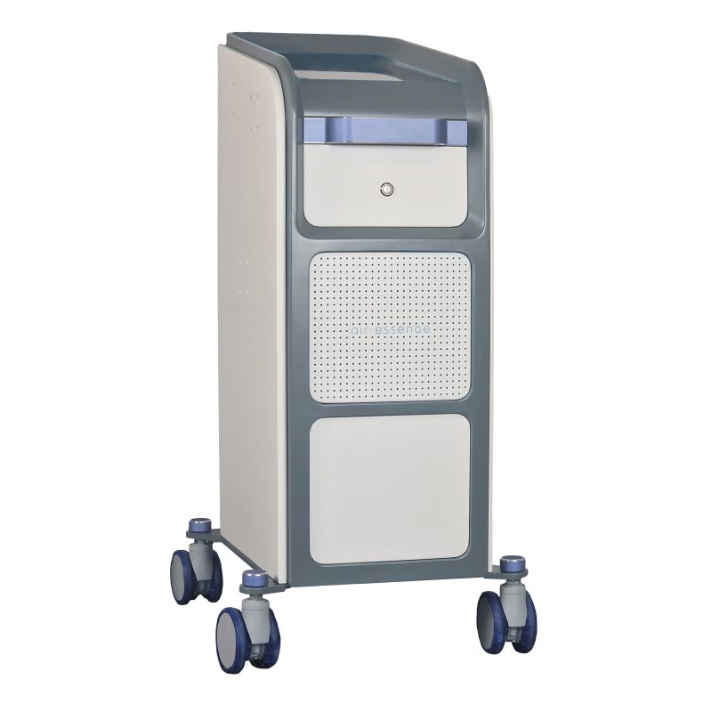 Air Essence™ EMSlim PRO stymulator mięśni HIEMT przednia część obudowy urządzenia z panelem frontowym i podstawą na czterech kółkach.