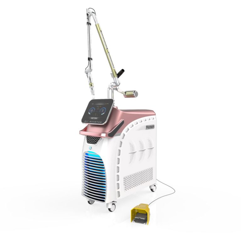 Air Essence™ Fluxion F4 laser kosmetyczny do liftingu twarzy pikosekundowy Nd Yag piko laser Air Essence™ Fluxion F4 pikosekundowy do usuwania tatuażu, wyposażony w ekran dotykowy, przegubowe ramię, otwory wentylacyjne, obsługiwany za pomocą małego żółtego pedału nożnego podłączonego do urządzenia.