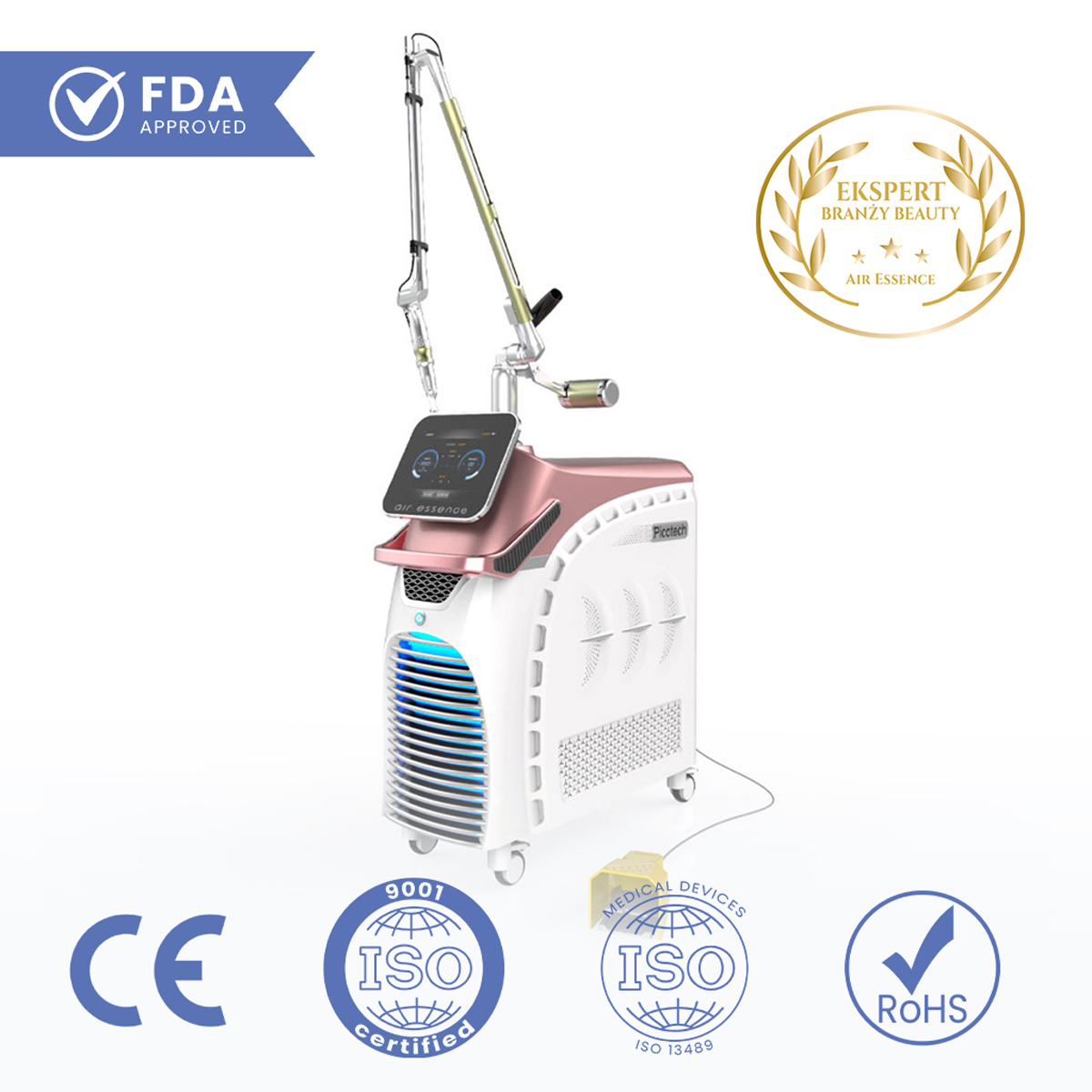 Wielofunkcyjny laser kosmetyczny Fluxion F4 na białym tle, symbole certyfikatów zgodnościCE, ISO, FDA