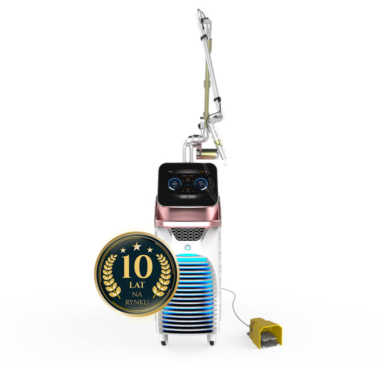 Air Essence™ Fluxion F4 pikosekundowy do usuwania tatuażu wyposażony, w ekran dotykowy i przegubowe ramię, z eleganckim designem z przodu oraz złoto-czarną plakietką z wieńcem laurowym "10 lat na rynku".