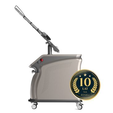 Nowoczesny laser pikosekundowy Air Essence™ Fluxion F5 do usuwania tatuażu (Nd YAG) na kółkach, pokazany z profilu, ze złoto-czarną plakietką rocznicową 