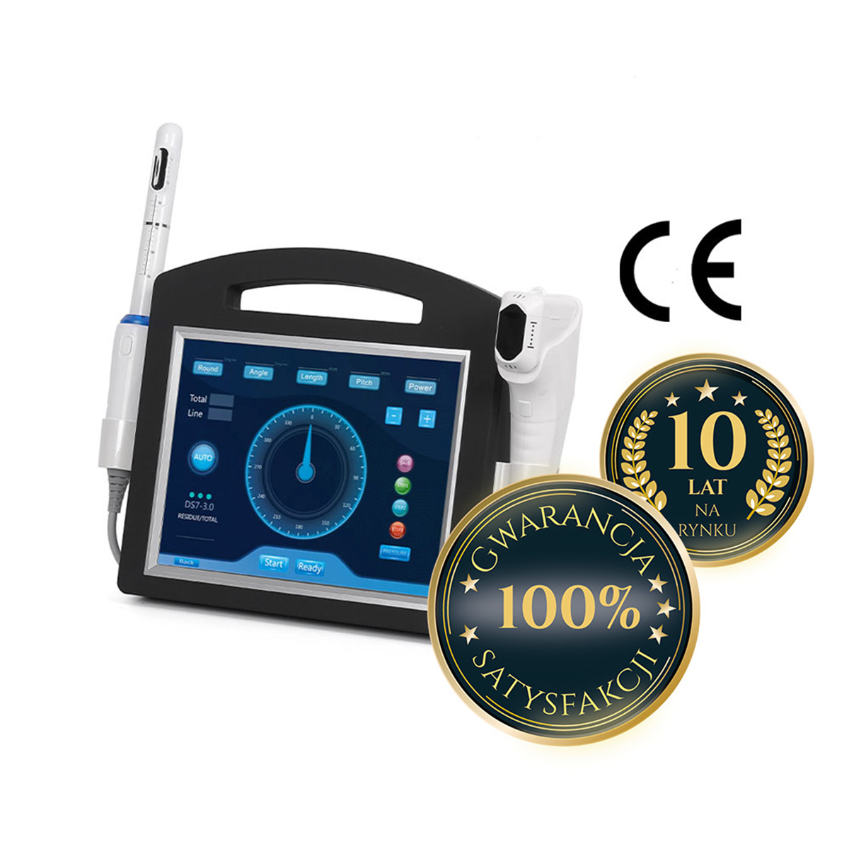 Aparat Air Essence™ HIFU 4D do liftingu twarzy i ciała z ekranem dotykowym, wymiennymi końcówkami (w tym ginekologiczną), certyfikatem CE oraz złotymi odznakami: 100% GWARANCJA SATYSFAKCJI i 10 LAT NA RYNKU.