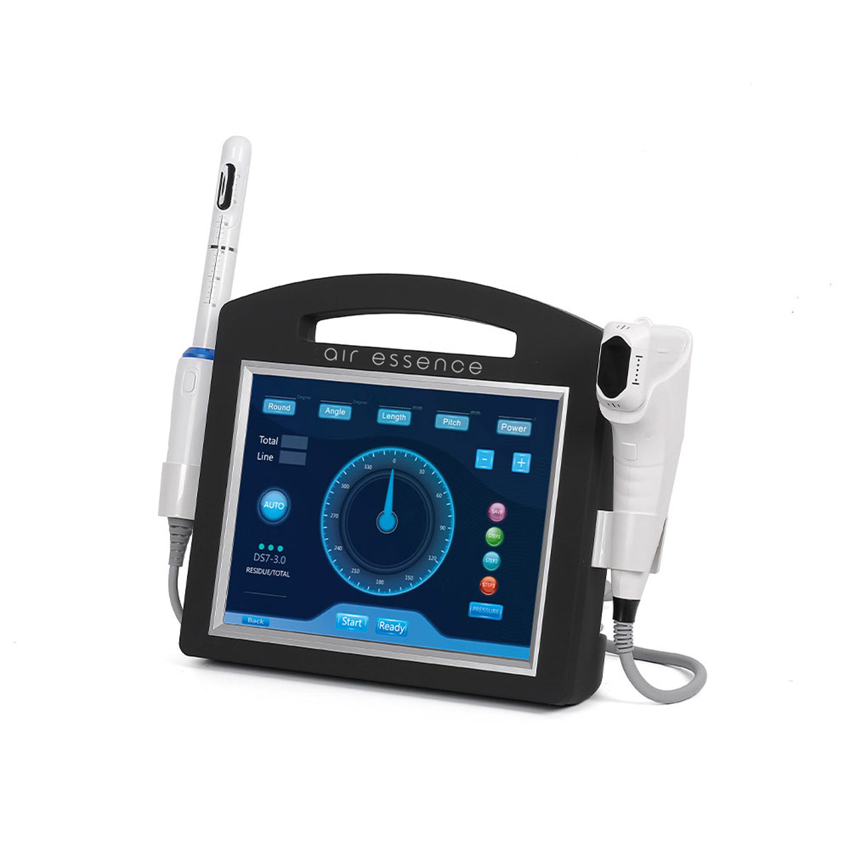 Aparat Air Essence™ HIFU 4D, urządzenie do liftingu twarzy i ciała, redukcji zmarszczek i modelowania sylwetki z interfejsem dotykowym i dwoma przewodowymi przystawkami ręcznymi; zawiera końcówkę ginekologiczną.