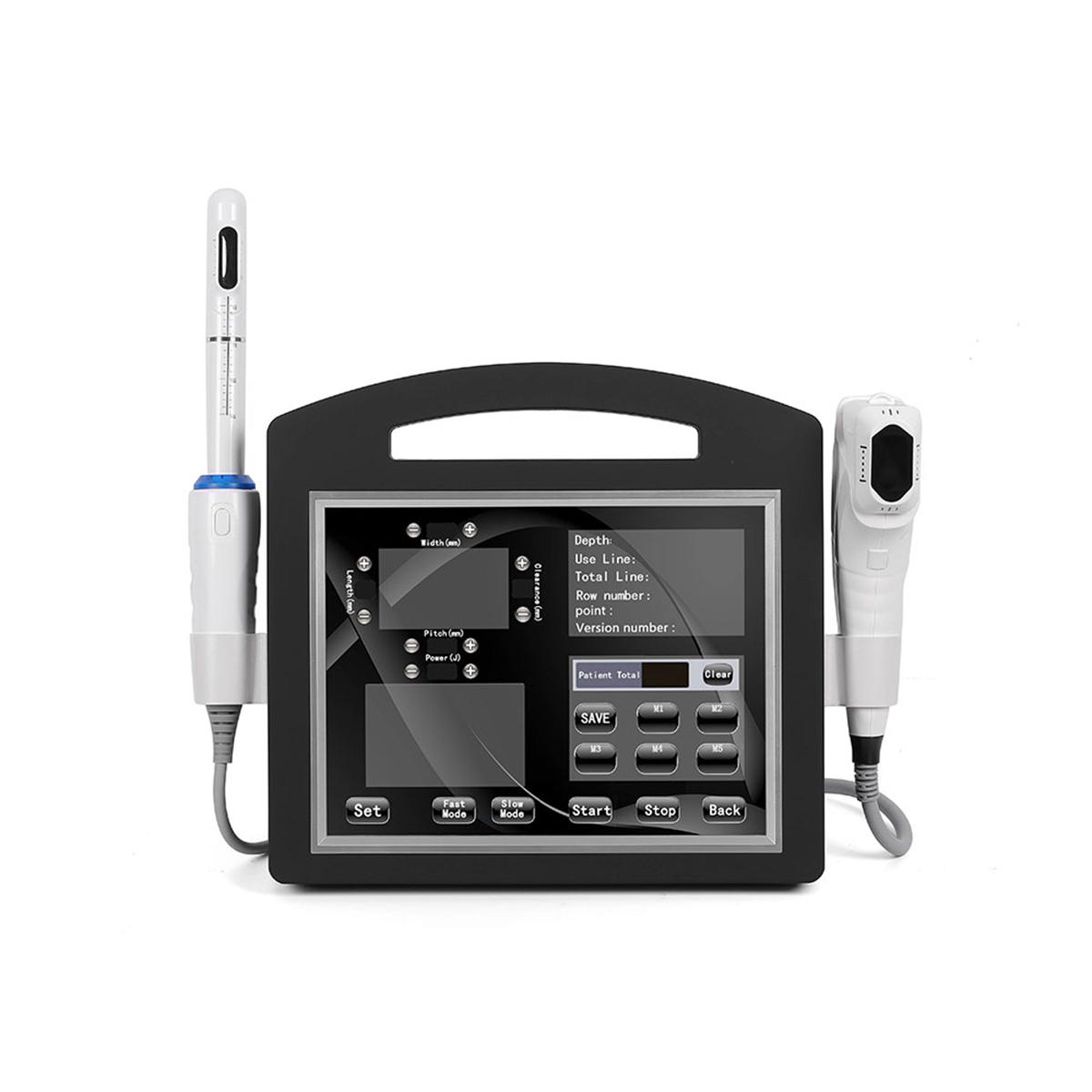 Aparat Air Essence™ HIFU 4D do liftingu twarzy i ciała, redukcji zmarszczek i modelowania sylwetki, wyposażony w cyfrowy wyświetlacz, przyciski sterujące i dwie ręczne sondy z końcówką ginekologiczną, pokazane pionowo na białym tle.