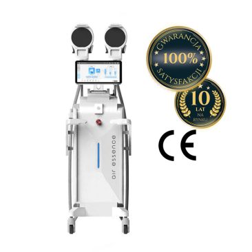 Białe urządzenie do modelowania i wyszczuplania sylwetki Air Essence™ HIBODY MAX + jest wyposażone w ekran dotykowy i dwa okrągłe czujniki, a także odznaki 100% Gwarancji Satysfakcji, 10 lat na rynku i certyfikat CE.