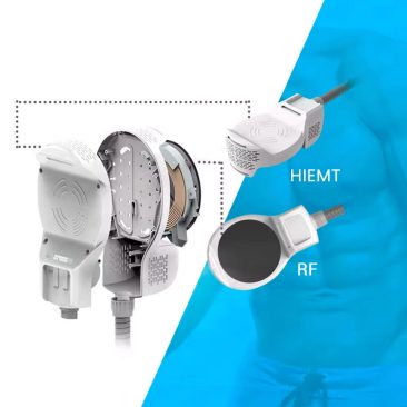 Po lewej stronie znajduje się urządzenie do modelowania sylwetki Air Essence™ HIBODY MAX 2+ z przystawkami stymulującymi mięśnie HIEMT, a po prawej stronie widoczny jest zabarwiony na niebiesko, umięśniony męski tors.
