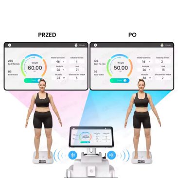 Porównanie efektów przed i po - wizualizacja redukcji masy ciała z 60 kg do 50 kg oraz zmniejszenia poziomu tkanki tłuszczowej po zabiegach modelowania sylwetki z wykorzystaniem urządzenia HIEMT, na grafice dwie sylwetki kobiety oraz ekran analizy składu ciała.