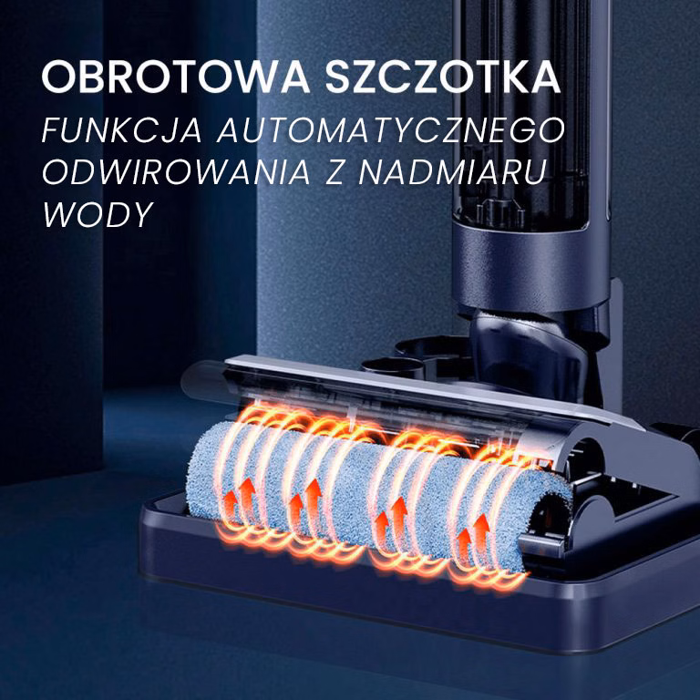 Zbliżenie szczoteczki Stojący Odkurzacz Myjący Bezprzewodowy 7w1 Air Essence™ Typhoon Drive Jet przedstawia niebieskie i pomarańczowe strzałki podkreślające jej ruch obrotowy. Polski tekst opisuje funkcję automatycznego wirowania wody.