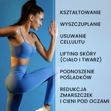 Opis funkcji urządzenia Air Essence™ MuseShape 2 do pielęgnacji ciała i twarzy, wyszczuplania i modelowania sylwetki: kształtowanie sylwetki, wyszczuplanie, redukcja cellulitu, lifting skóry (ciało i twarz), podnoszenie pośladków oraz redukcja zmarszczek i cieni pod oczami, grafika z kobietą w niebieskim stroju sportowym.