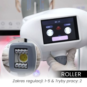 Głowica roller urządzenia Air Essence™ MuseShape 2 z ekranem sterowania - zakres regulacji 1-5 i 2 tryby pracy, zbliżenie na rolki w aplikatorze.