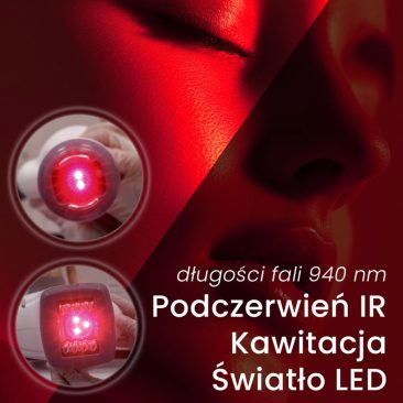 Grafika funkcji urządzenia Air Essence™ MuseShape 2: podczerwień IR o długości fali 940 nm, kawitacja oraz światło LED, zbliżenie na czerwone światło w głowicach zabiegowych.