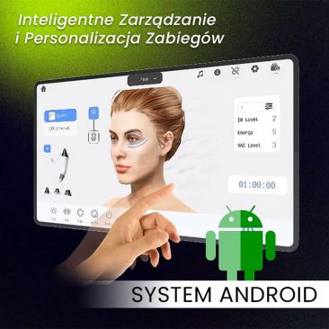 Ekran dotykowy urządzenia Air Essence™ MuseShape 2 z inteligentnym zarządzaniem i personalizacją zabiegów - interfejs systemu Android do ustawiania parametrów (IR, energia, VAC) i czasu pracy.