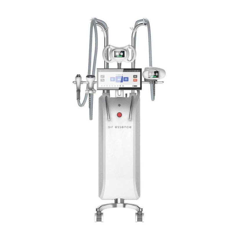 Srebrno-białe urządzenie Air Essence™ MuseShape 2 do endermologii, widok z przodu, ekran dotykowy i głowice zabiegowe