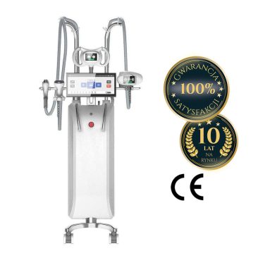 Srebrno-białe urządzenie Air Essence™ MuseShape 2 do endermologii na kółkach z ekranem dotykowym i głowicami zabiegowymi, obok znaczki: Gwarancja 100% satysfakcji, 10 lat na rynku oraz symbol CE.