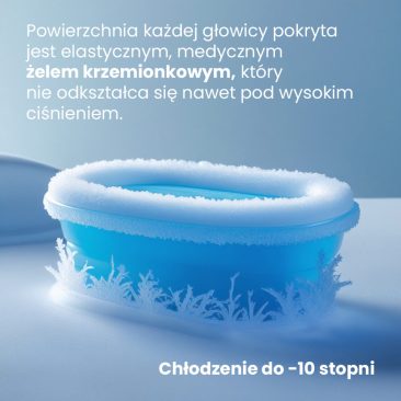The Air Essence™ Cryo XCool Plus, urządzenie do kriolipolizy, wyszczuplania i modelowania sylwetki, na zdjęciu jako niebieski pojemnik pokryty szronem. Polski opis wspomina o medycznym żelu krzemionkowym, odpornym na ujemne temperatury i możliwości chłodzenia urządzenia do -10°C.