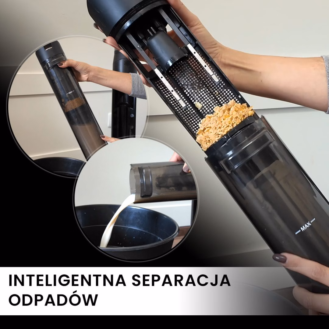 Osoba demonstruje odkurzacz Stojący Odkurzacz Myjący, Bezprzewodowy 7w1 Air Essence™ Typhoon Drive Jet oddzielający odpady stałe od płynnych. Zbliżenia pokazują płatki zbożowe z mlekiem. Polski tekst: INTELIGENTNA SEPARACJA ODPADÓW.