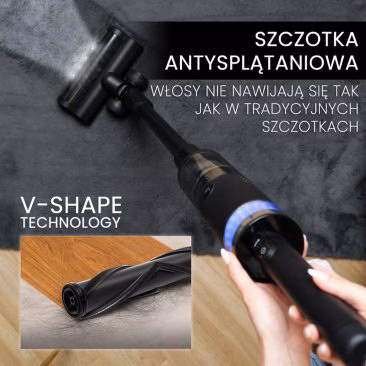Osoba używa odkurzacza Stojący Odkurzacz Myjący, Bezprzewodowy 7w1 Air Essence™ Typhoon Drive Jet na drewnianej podłodze. Wstawka pokazuje wałek szczotki w kształcie litery V z technologią zapobiegającą splątaniu i kształtem litery V wyróżnionym polskim tekstem.