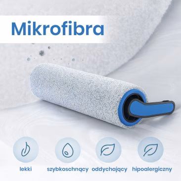 Zbliżenie na Stojący Odkurzacz Myjący, Bezprzewodowy 7w1 Air Essence™ Typhoon Drive Jet na miękkiej powierzchni z polskim tekstem przedstawiającym cechy: lekki, szybkoschnący, oddychający, hipoalergiczny. Wyświetlane są cztery ikony cech i nazwa produktu.