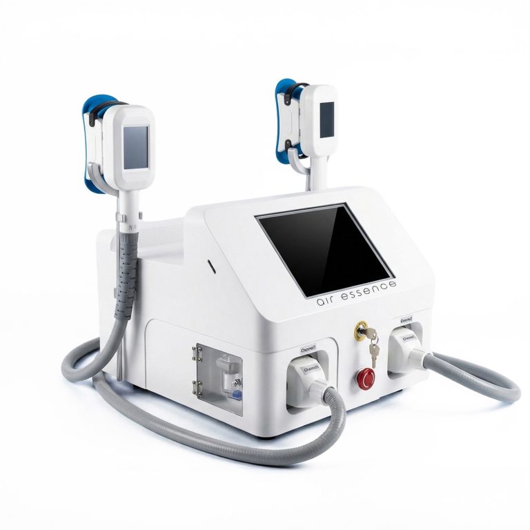 Air Essence™ Cryo XcoolS2 to białe urządzenie medyczne do kriolipolizy, wyszczuplania i modelowania sylwetki, wyposażone w ekran dotykowy, dwa elastyczne węże i dwa niebiesko-białe prostokątne aplikatory ręczne na górze.