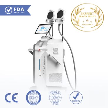 Białe urządzenie Air Essence™ HIBODY MAX do rzeźbienia ciała i stymulacji mięśni, z ekranem dotykowym, dwiema końcówkami, logo certyfikacji (FDA, CE, ISO, ROHS) i złotym emblematem nagrody Ekspert Branży Beauty.