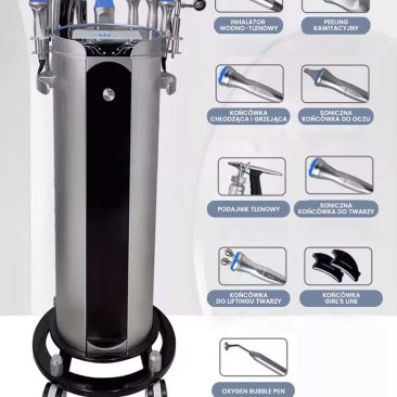 Air Essence™ Hydra Facial Therapy ESSENTIAL to wysoki, cylindryczny kombajn kosmetyczny posiadający 10 widocznych na zdjęciu końcówek do hydradermabrazji i innych zabiegów kosmetycznych. z wieloma odłączanymi końcówkami i oznakowanymi obrazkami przedstawiającymi zbliżenia i polskie nazwy każdego narzędzia, takiego jak aplikatory tlenu i peelingu.
