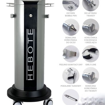 Air Essence™ Hydra Facial Therapy ESSENTIAL, wysokie srebrne urządzenie kosmetyczne do hydradermabrazji na kółkach, pokazane jest z ośmioma etykietowanymi wstawkami podkreślającymi jego przystawki do zabiegów na twarz i funkcje w języku polskim.