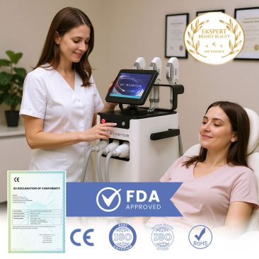 Technik używa systemu lasera neodymowego LunaSheer MAX1 3w1 SHR, IPL, na zrelaksowanej klientce w klinice, u dołu symbole certyfikatów CE, ISO oraz RoHS i plakietką zatwierdzoną przez FDA.