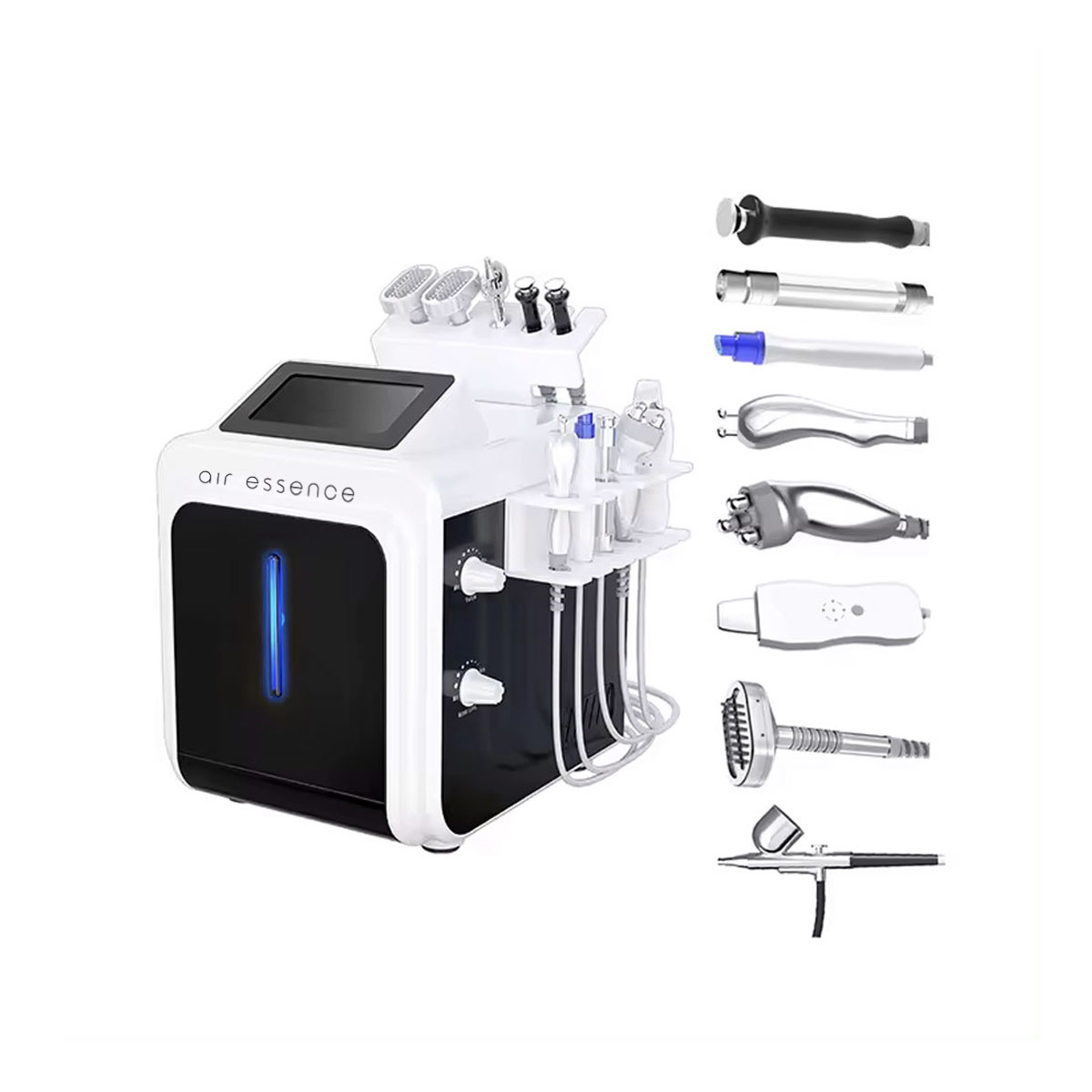 Air Essence™ HydraGlow PRO urządzenie do hydradermabrazji 8w1 to biało-czarne urządzenie do pielęgnacji skóry z ekranem dotykowym, ośmioma wymiennymi ręcznymi nasadkami kosmetycznymi umieszczonymi obok niego na białym tle.