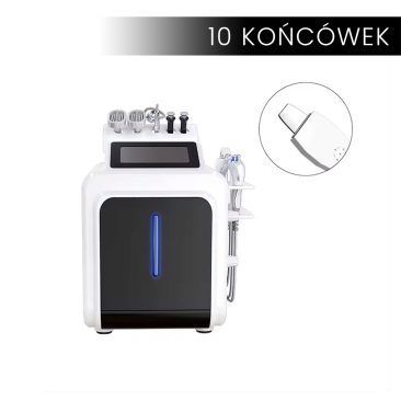 Air Essence™ HydraGlow PRO urządzenie do hydradermabrazji to biało-czarne urządzenie z wieloma końcówkami, wyświetlaczem i dołączonymi wężami; wstawka pokazuje zbliżenie końcówki. U góry znajduje się napis w języku polskim