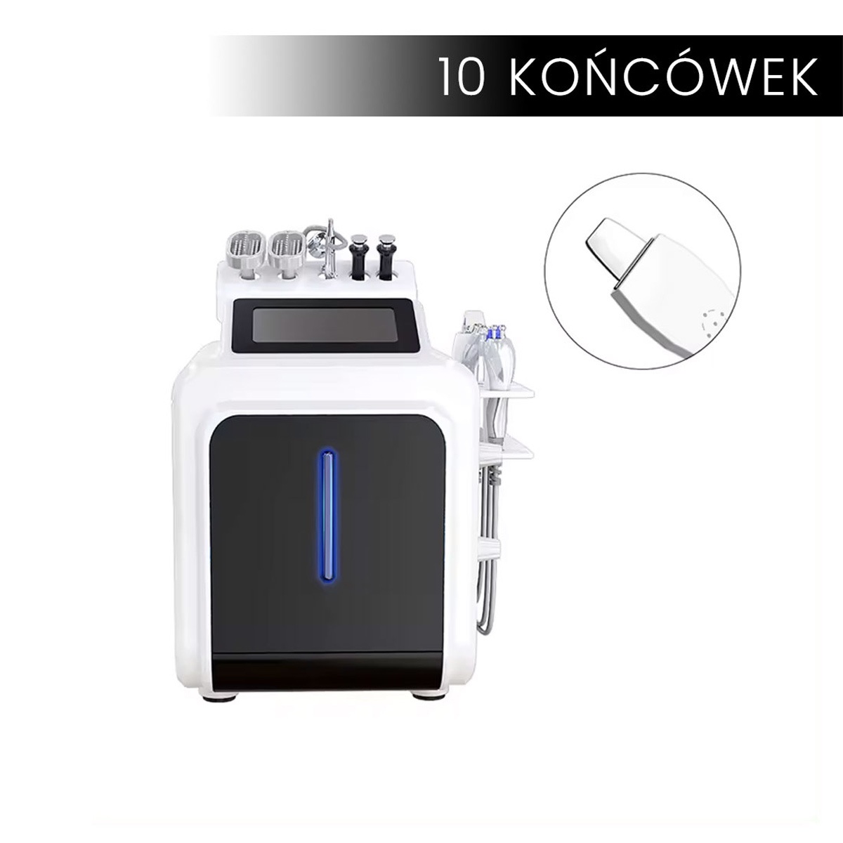 Air Essence™ HydraGlow PRO urządzenie do hydradermabrazji to biało-czarne urządzenie z wieloma końcówkami, wyświetlaczem i dołączonymi wężami; wstawka pokazuje zbliżenie końcówki. U góry znajduje się napis w języku polskim "10 KOŃCÓWEK.