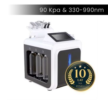 Air Essence™ HydraGlow PRO to nowoczesne urządzenie do hydradermabrazji z ekranem dotykowym, trzema szklanymi pojemnikami z etykietami, końcówkami, złotą plakietką