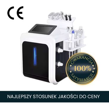 Urządzenie Air Essence™ HydraGlow PRO do hydradermabrazji posiada ekran dotykowy, wiele nasadek i certyfikat CE. Złota plakietka mówi 100% Gwarancja Satysfakcji. Polski tekst: Najlepszy stosunek jakości do ceny.