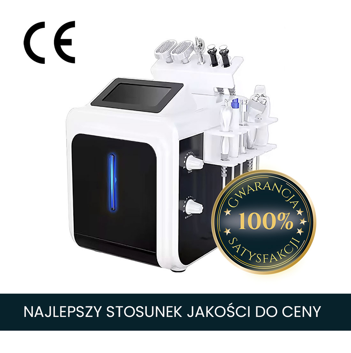 Urządzenie Air Essence™ HydraGlow PRO do hydradermabrazji posiada ekran dotykowy, wiele nasadek i certyfikat CE. Złota plakietka mówi 100% Gwarancja Satysfakcji. Polski tekst: Najlepszy stosunek jakości do ceny.