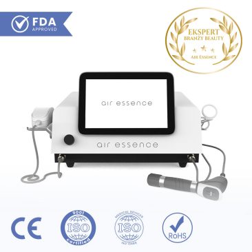 Air Essence Vortex V13 urządzenie do terapii falą uderzeniową pneumatyczną i ultradźwiękami z ekranem dotykowym oraz głowicami zabiegowymi, z widocznymi oznaczeniami FDA Approved, CE, ISO 9001, ISO 13485, RoHS i wyróżnieniem Ekspert Branży Beauty
