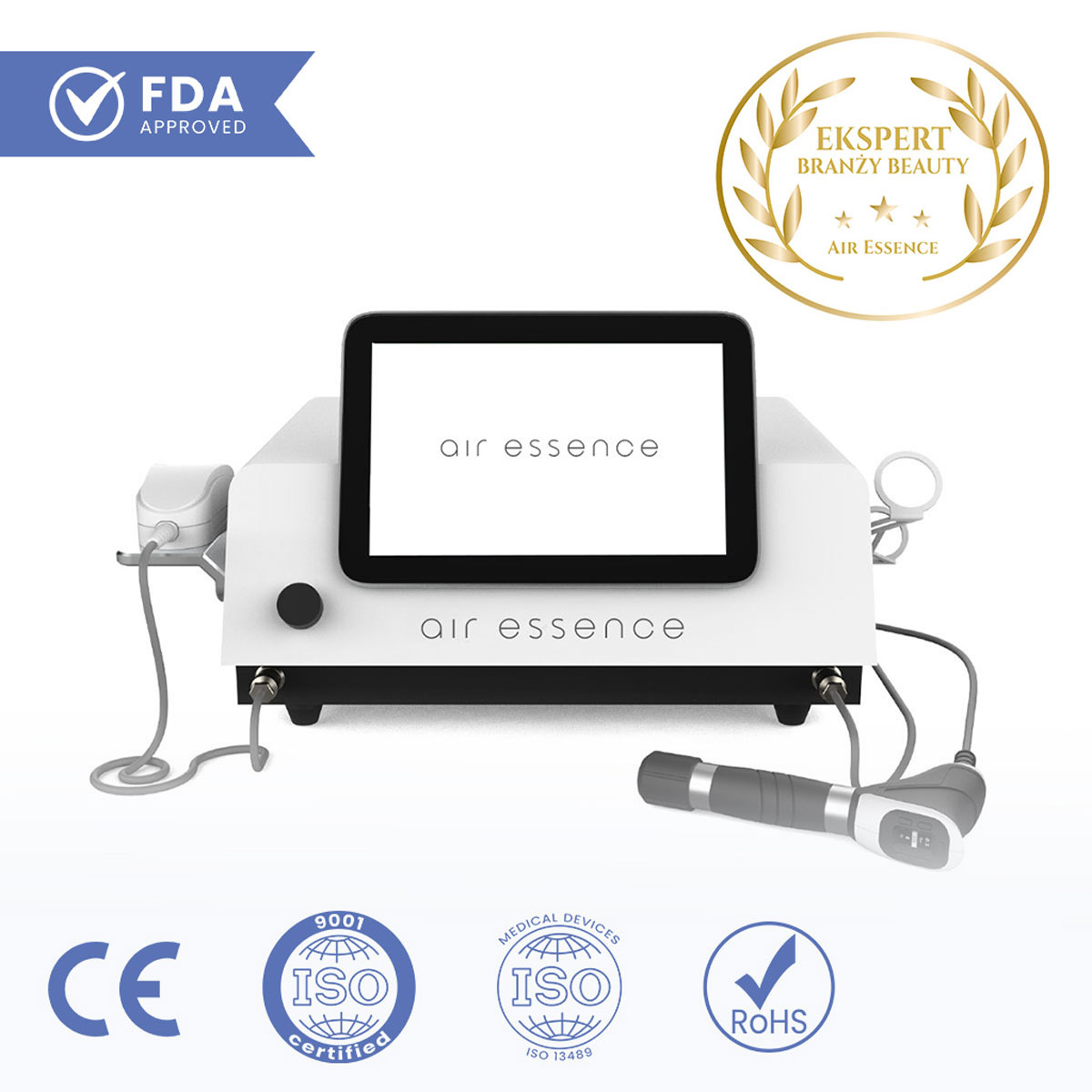 Air Essence Vortex V13 urządzenie do terapii falą uderzeniową pneumatyczną i ultradźwiękami z ekranem dotykowym oraz głowicami zabiegowymi, z widocznymi oznaczeniami FDA Approved, CE, ISO 9001, ISO 13485, RoHS i wyróżnieniem Ekspert Branży Beauty