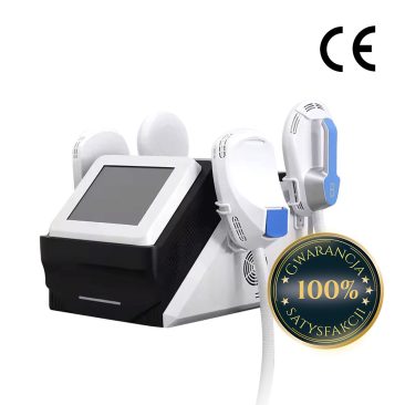 Air Essence™ WindSculpt S4 kompaktowy stymulator mięśni HIEMT z technologią RF do modelowania sylwetki, urządzenie z czterema aplikatorami i ekranem dotykowym, widoczne oznaczenie CE oraz symbol 100% satysfakcji.