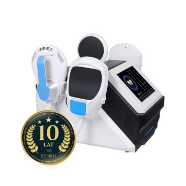 Air Essence™ WindSculpt S4 urządzenie HIEMT do modelowania sylwetki z czterema aplikatorami i ekranem dotykowym, na grafice widoczny emblemat 10 lat na rynku.