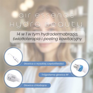 Air Essence™ Hydra Facial Therapy urządzenie do hydradermabrazji infografika. Delikatnie zarysowana kobieta w tle; tekst promuje hydradermabrazję, fototerapię, peeling kawitacyjny. Na zdjęciu trzy głowice urządzenia z niebieskimi etykietami.