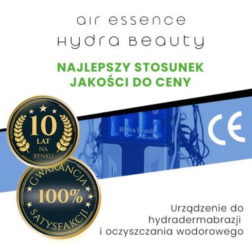 Grafika promująca Air Essence™ Hydra Facial Therapy - urządzenie do hydradermabrazji, kombajn kosmetyczny - grafika zawierająca dwie złote pieczęcie: 