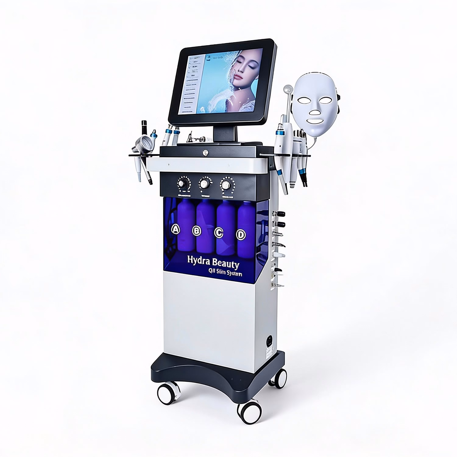 Air Essence™ Hydrabeauty to urządzenie m.in. do hydrodermabrazji, Terapii natryskowej, Mikrodermabrazji, Mezoterapii mikroigłowej, Radiofrekwencji RF, światła fotonowego (FDT) i peelingu kawitacyjnego. to profesjonalne urządzenie, wyposażone w ekran dotykowy, panel sterowania, różne rurki, butelki i końcówki, wszystkie zamontowane na kółkach.