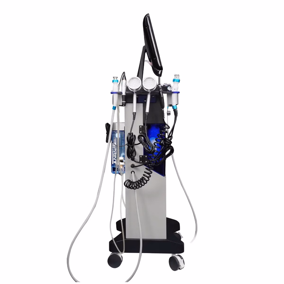 Air Essence™ Hydra Facial Therapy to profesjonalne urządzenie do hydradermabrazji na kółkach, wyposażone w wiele rurek, dysz, pokręteł sterujących, ekran dotykowy i różne przystawki do zaawansowanych zabiegów pielęgnacyjnych.