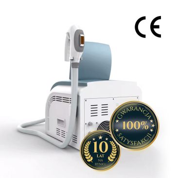 Air Essence™ M4 laser 2w1 SHR + IPL urządzenie do redukcji usuwania owłosienia, wyposażone w ręczny aplikator z wężem, jest przedstawione na białym tle ze złotymi/czarnymi plakietkami i znakiem CE przez 10 lat na rynku i 100% gwarancją satysfakcji.